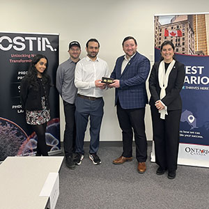 Photo from Ostia’s announcement featuring Arveen Mann of Invest Ontario; Dr. Michael Glogauer, CSO and Co-Founder of Ostia Sciences; Abdelahhad Barbour, CEO and Co-Founder of Ostia Sciences; Tyler Allsopp, Parliamentary Assistant to Minister Vic Fideli; and Marine Lochon of Invest Ontario